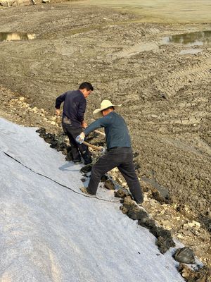 Geosynthetische deken met cement, hydrateren, verharden.